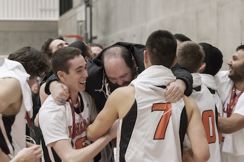 Coach Paul Eberhardt celebrates with the Falcons